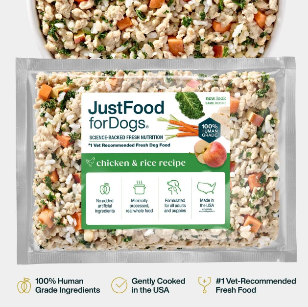 Just Food for dogs Fresh, human-grade dog meals served in a daily portion, featuring chicken, rice, and carrots.