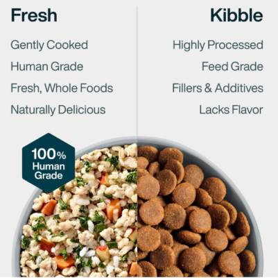 A veterinary‑approved dog food recipe card with protein, veggies, and minerals listed.