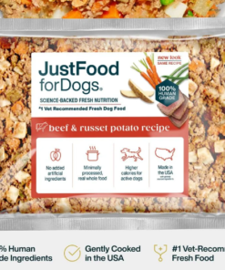 Close-up of a dog-friendly meal kit with labeled ingredients and portion sizes.