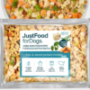 Transparent packaging showing labeled ingredients and nutrition facts for Just Food for Dogs