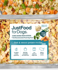 Transparent packaging showing labeled ingredients and nutrition facts for Just Food for Dogs